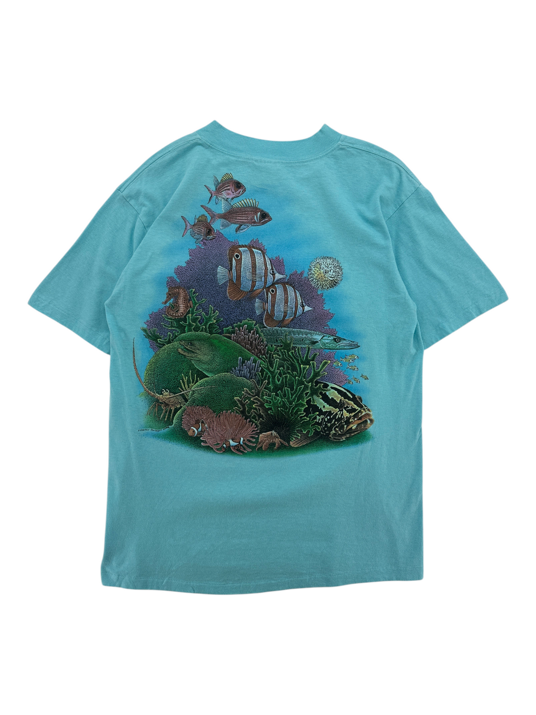 Exile Vintage 1980s Sea World San Diego t-shirt in teal with detailed colorful coral reef and fish graphic on back
