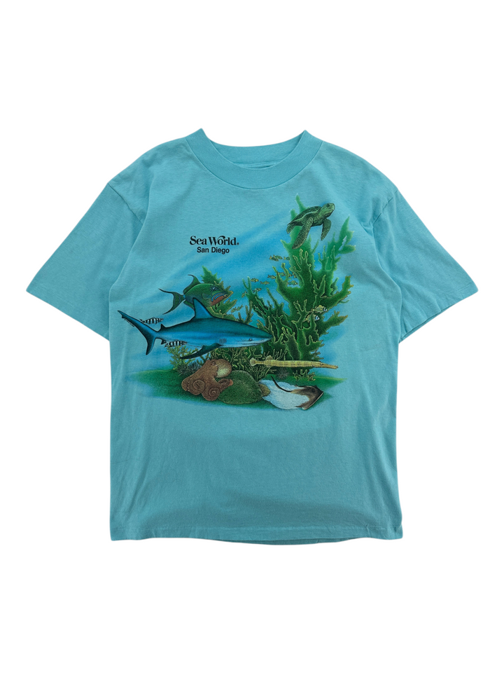 Exile Vintage 1980s Sea World San Diego graphic t-shirt in light blue with underwater marine life print