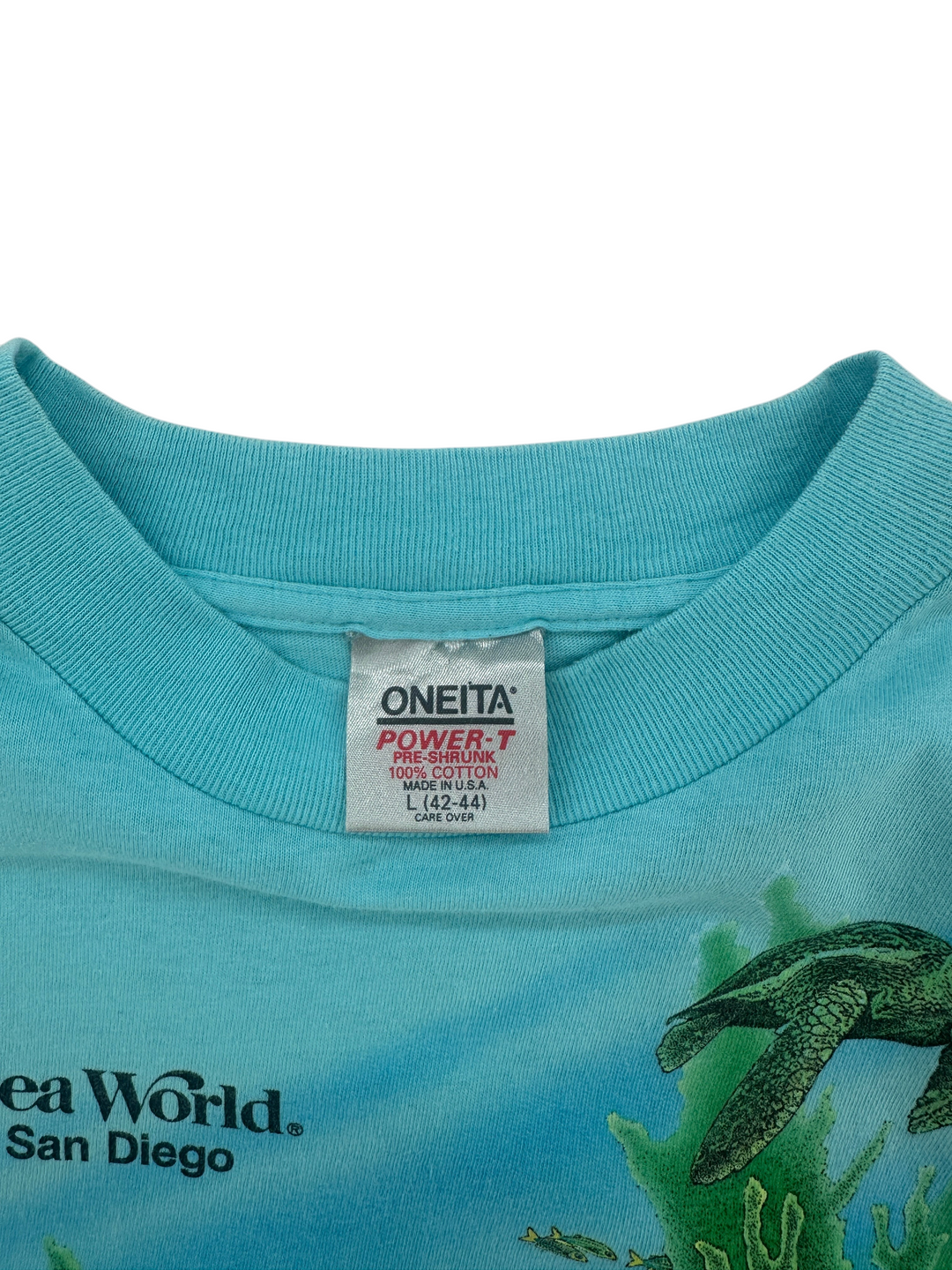 Exile Vintage 1980s Sea World San Diego light blue cotton t-shirt with Oneita Power-T tag