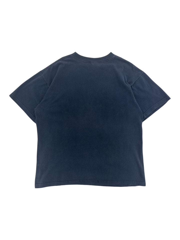 Exile Vintage 1990s Sesame Street Monsters blue t-shirt, back view of a plain navy cotton crew neck shirt.