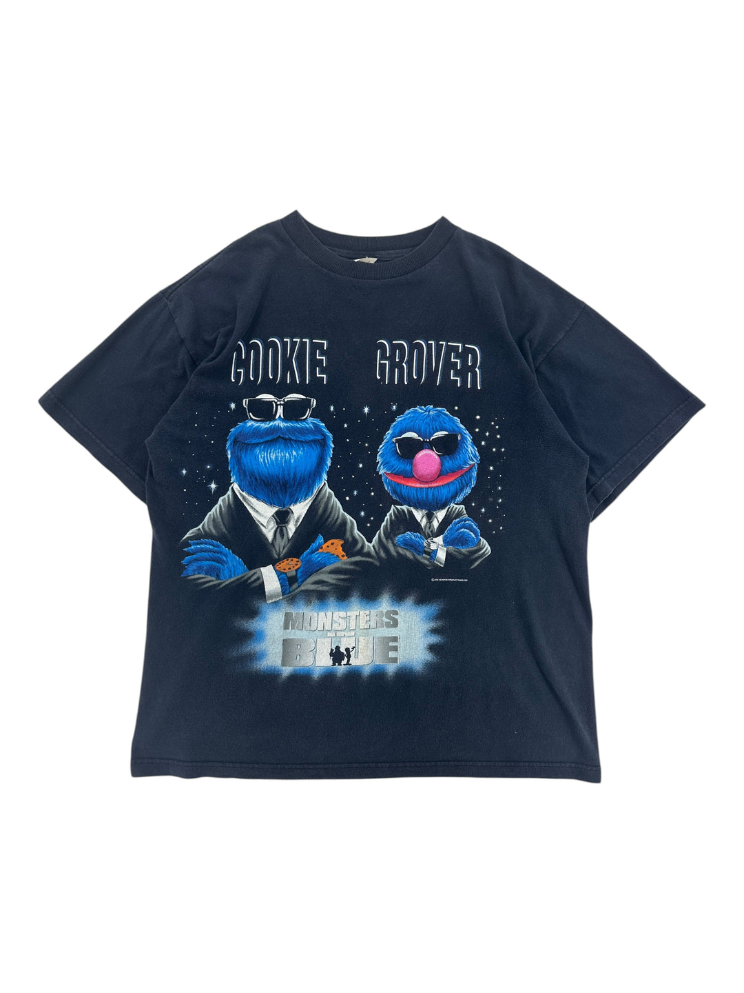 Exile Vintage 1990s Sesame Street Monsters In Blue graphic t-shirt featuring Cookie Monster and Grover in suits.