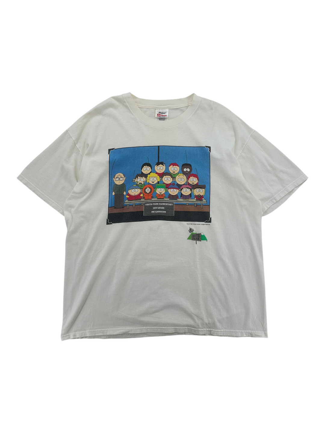 Exile Vintage 1990s South Park school photo graphic t-shirt in white, featuring the main cast in a class portrait.