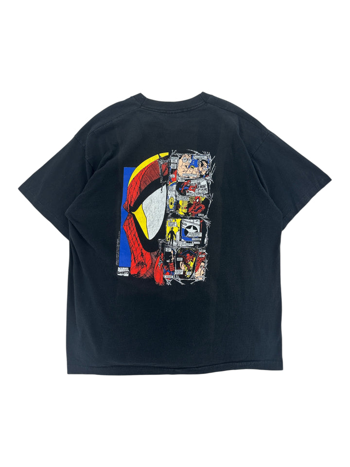 Exile Vintage 1990s Spider-Man 30th Anniversary black graphic t-shirt featuring a comic book collage print