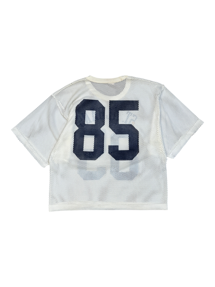 Exile Vintage St Albans white mesh t-shirt with large navy blue number 85 print on the back, size large.