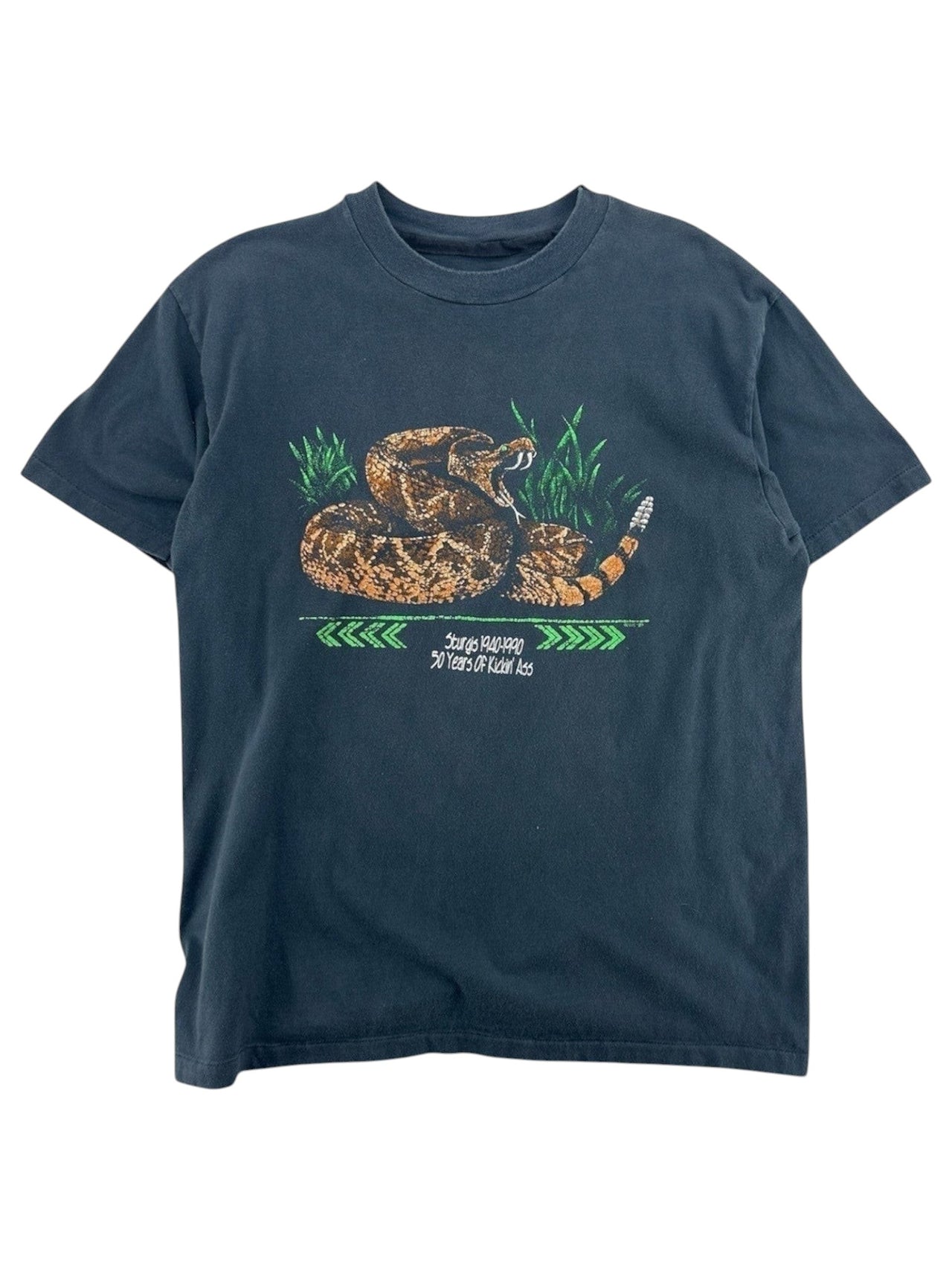 Exile Vintage dark grey t-shirt with a graphic of a rattlesnake and the text "Sturgis 1940-1990 50 Years Of Kickin Ass".