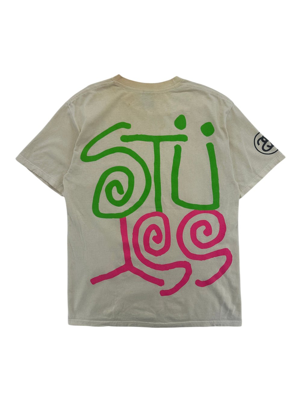 Exile Vintage 2000s Stussy t-shirt in beige with large green and pink graphic logo print on the back