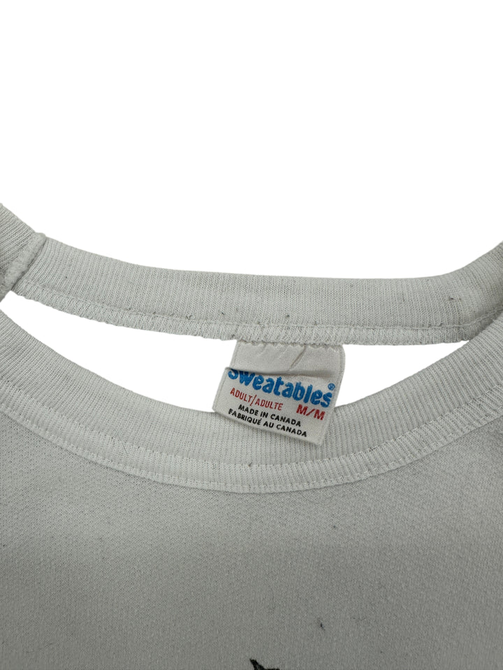 Exile Vintage 1980s white crewneck sweatshirt featuring a Sweatables brand tag, size medium, made in Canada.