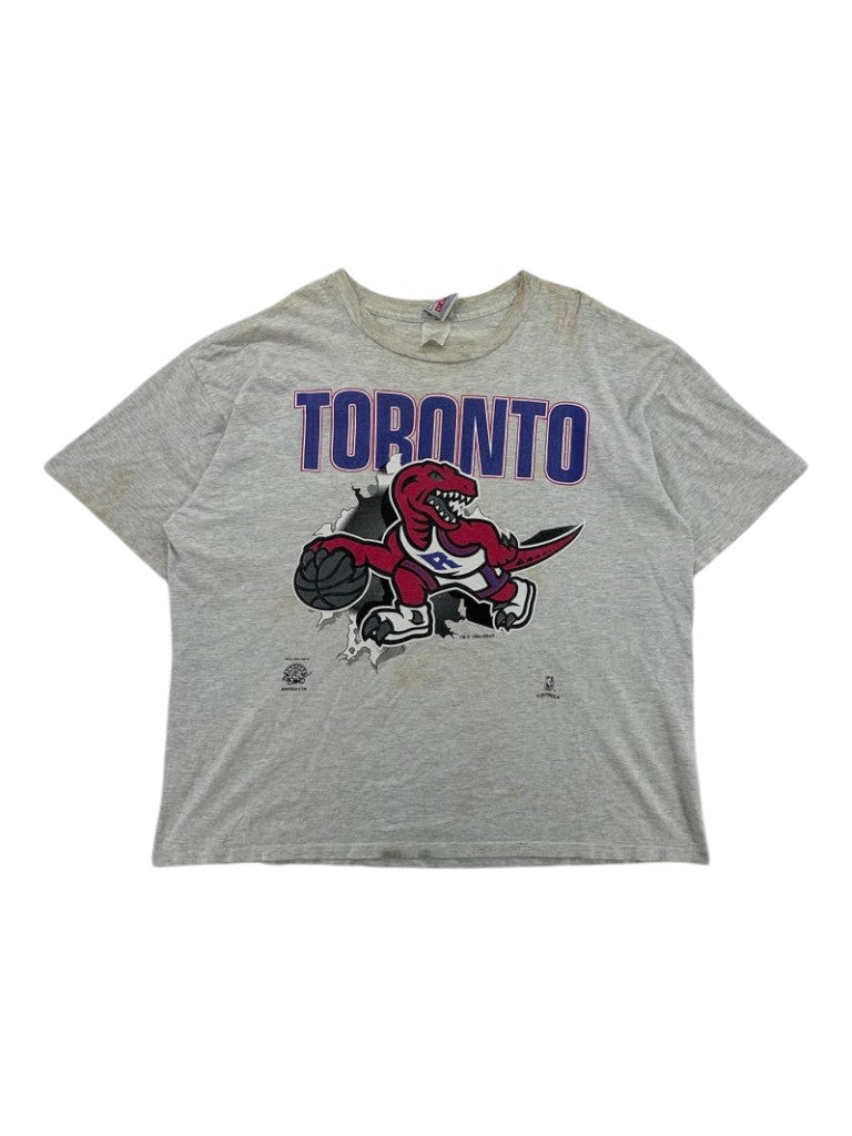 Exile Vintage 1990s Toronto Raptors grey graphic t-shirt featuring a basketball-playing dinosaur logo