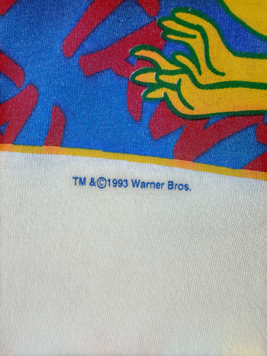 Exile Vintage 1990s Tweety Bird t-shirt detail showing the 1993 Warner Bros copyright print on white cotton fabric