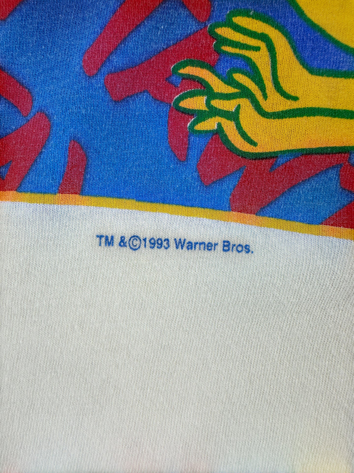 Exile Vintage 1990s Tweety Bird t-shirt detail showing the 1993 Warner Bros copyright print on white cotton fabric