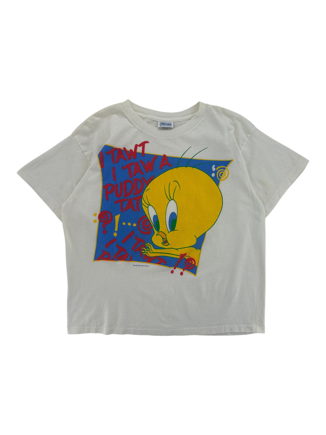 Exile Vintage 1990s white cotton T-shirt featuring a graphic print of Tweety Bird with the quote I Tawt I Tawa Puddy Tat