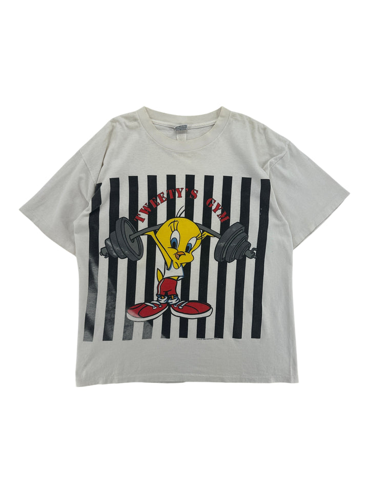 Exile Vintage 1990s white graphic t-shirt featuring Tweety Bird lifting weights in a gym setting