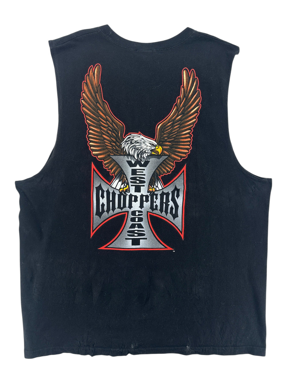 Exile Vintage 1990s black West Coast Choppers muscle t-shirt with eagle and iron cross graphic print on the back