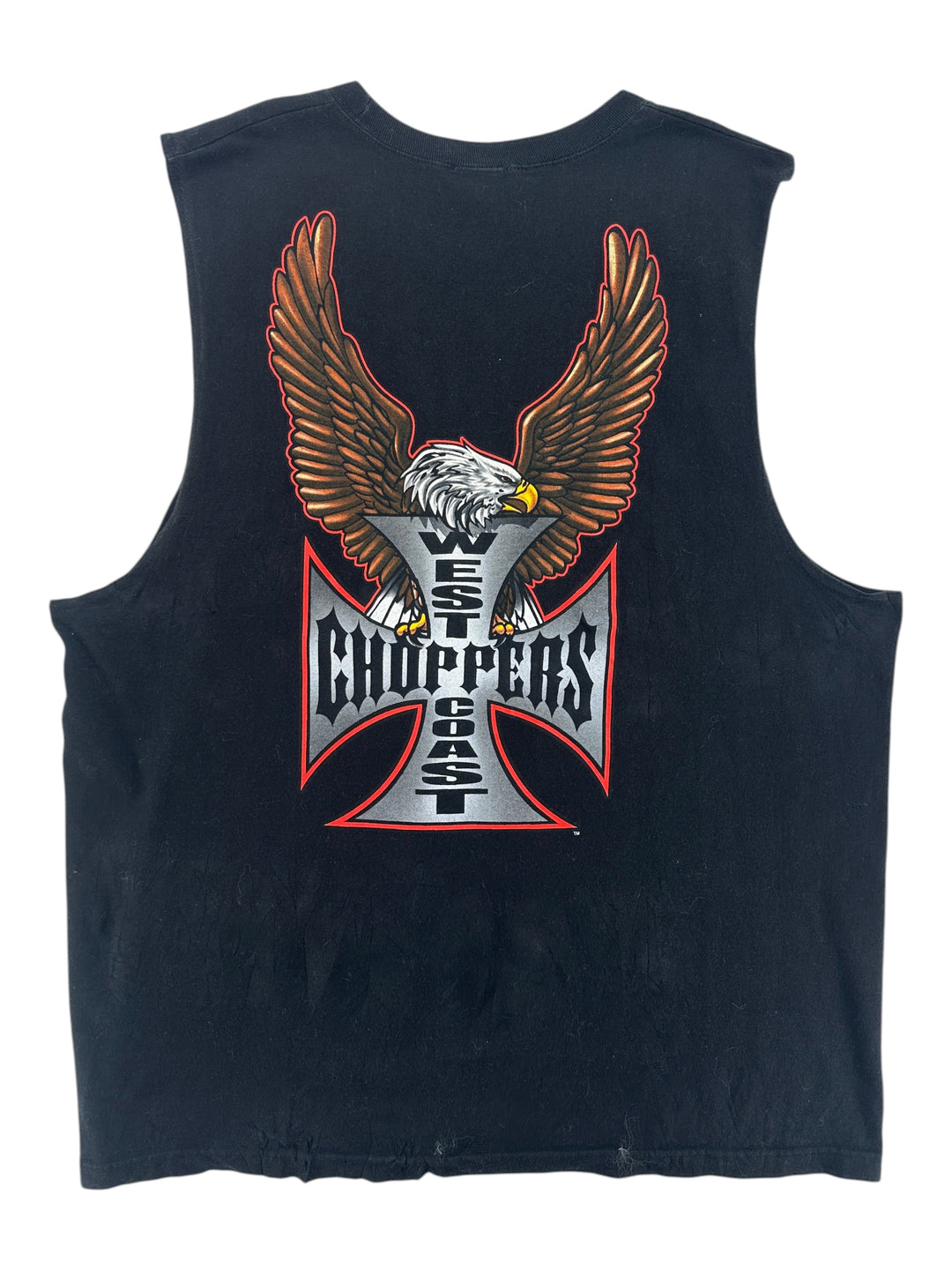 Exile Vintage 1990s black West Coast Choppers muscle t-shirt with eagle and iron cross graphic print on the back