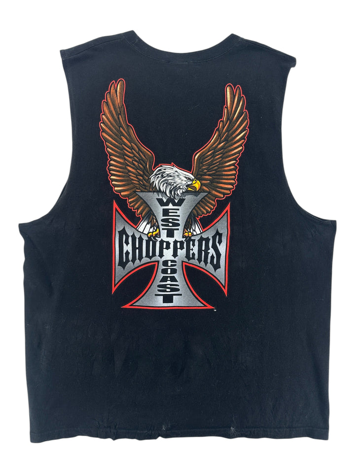 Exile Vintage 1990s black West Coast Choppers muscle t-shirt with eagle and iron cross graphic print on the back