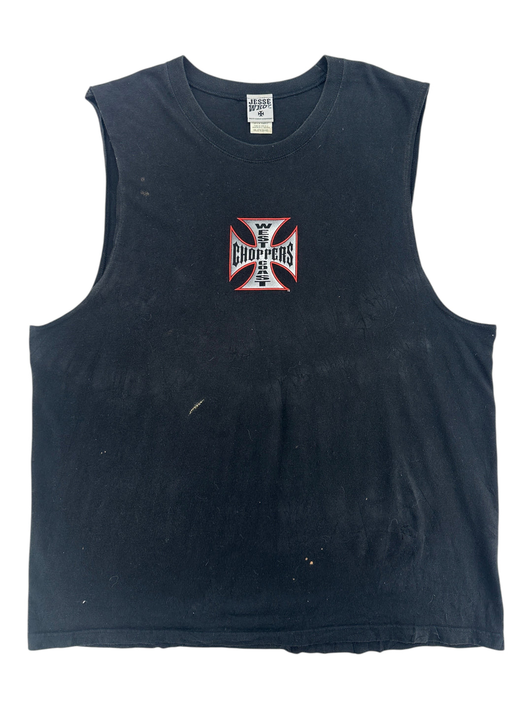 Exile Vintage 1990s black West Coast Choppers sleeveless muscle t-shirt with iconic cross logo graphic