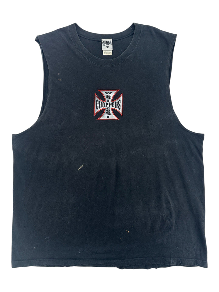 Exile Vintage 1990s black West Coast Choppers sleeveless muscle t-shirt with iconic cross logo graphic