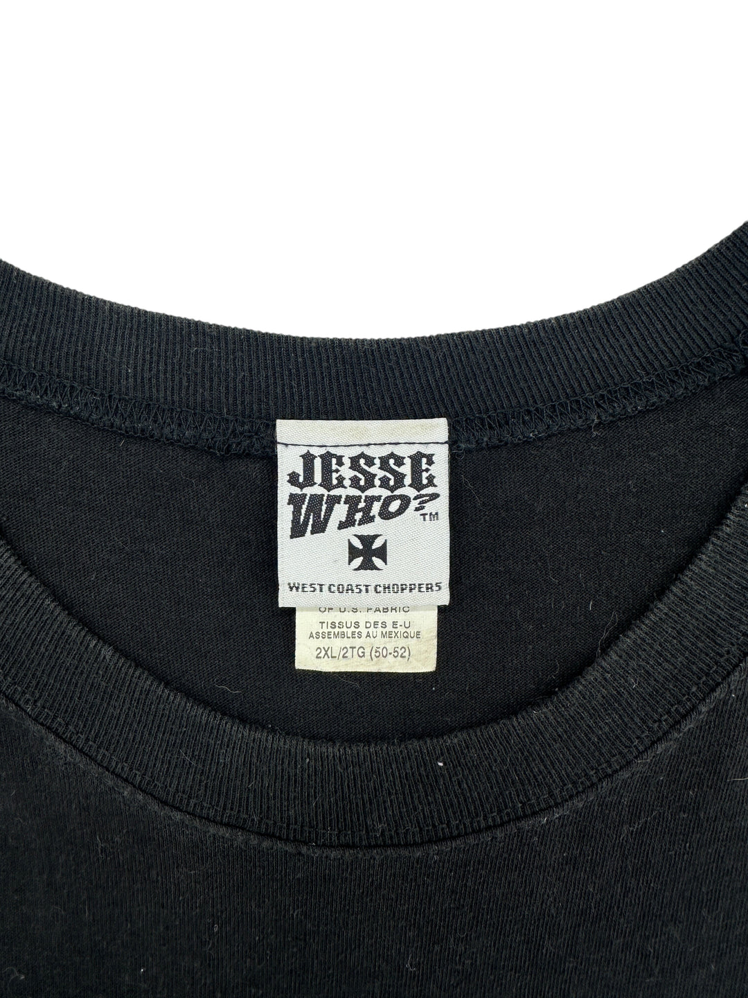 Exile Vintage 1990s West Coast Choppers black muscle t-shirt neck label showing size 2XL and Jesse Who branding
