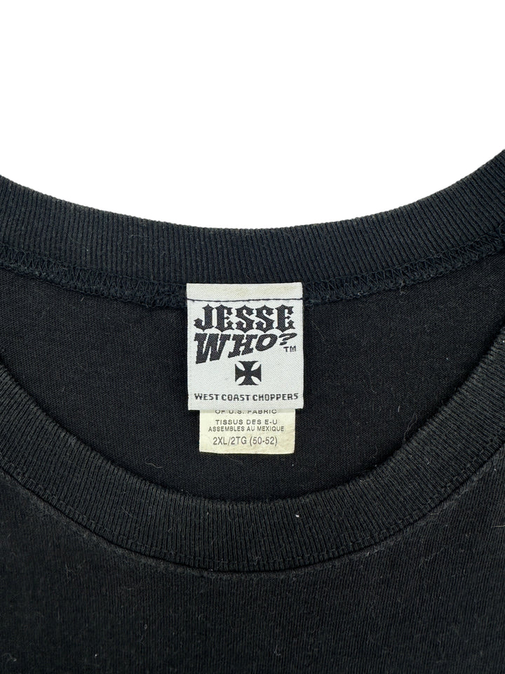 Exile Vintage 1990s West Coast Choppers black muscle t-shirt neck label showing size 2XL and Jesse Who branding