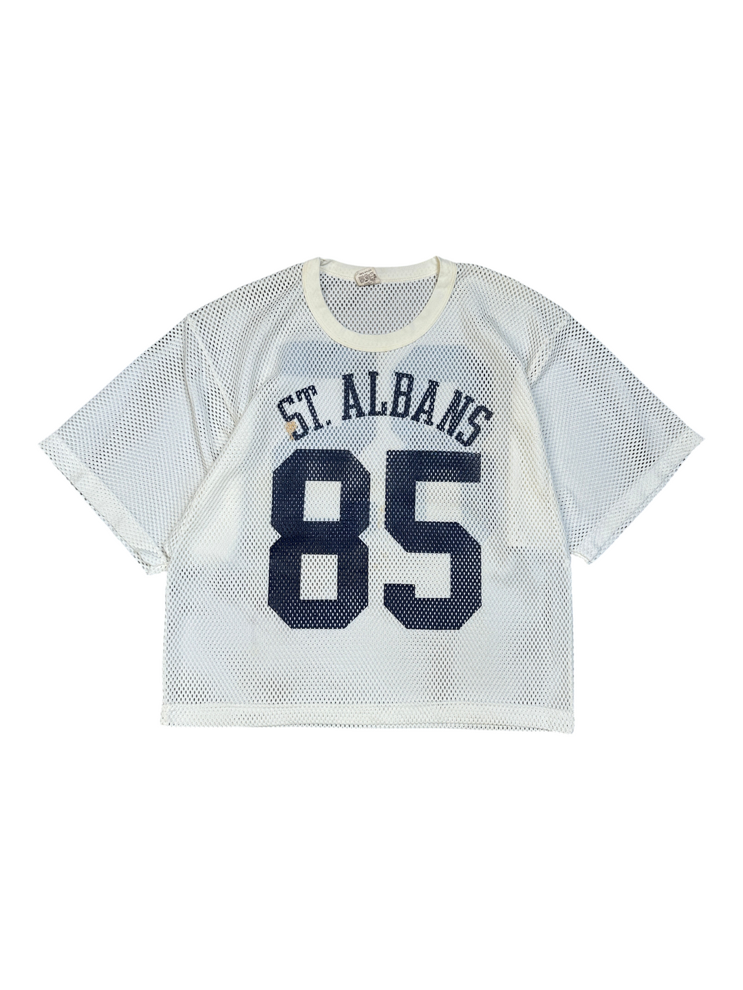 Exile Vintage white mesh St Albans number 85 sports jersey t-shirt with navy blue lettering and numbers