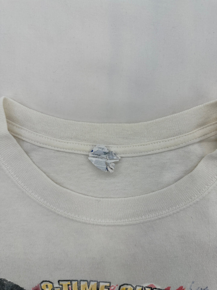 Exile Vintage white crew neck t-shirt featuring a worn inner size tag and ribbed collar detail