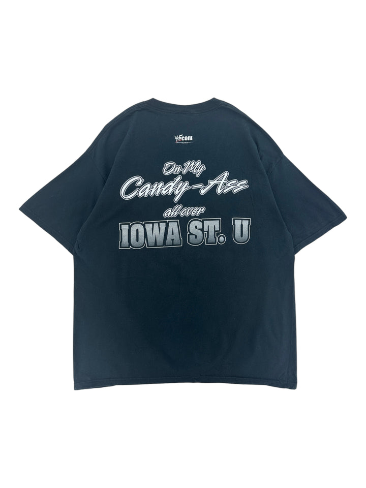 Exile Vintage black 2000s WWF The Rock graphic t-shirt featuring On My Candy-Ass Iowa St. U print on the back