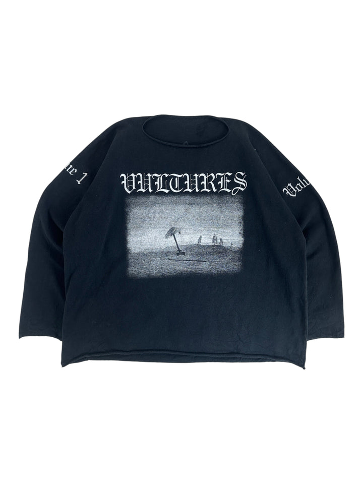 Exile Vintage black Kanye West Yeezy Vultures long sleeve shirt with raw hem and graphic print on front and sleeves