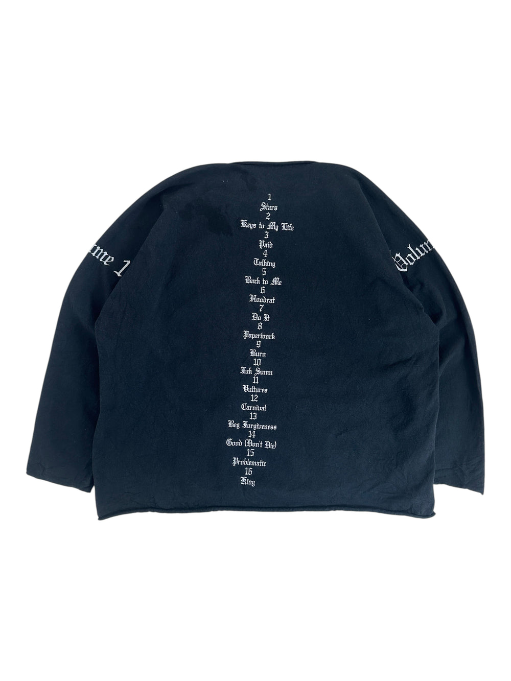 Exile Vintage black Kanye West Yeezy Vultures long sleeve shirt with white gothic tracklist print on the back