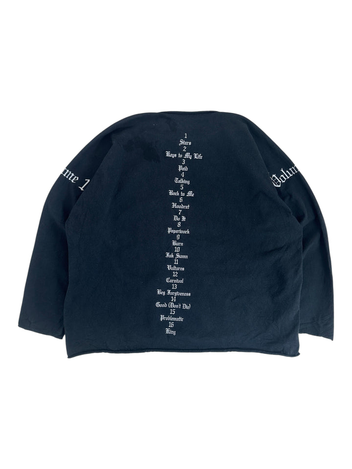 Exile Vintage black Kanye West Yeezy Vultures long sleeve shirt with white gothic tracklist print on the back