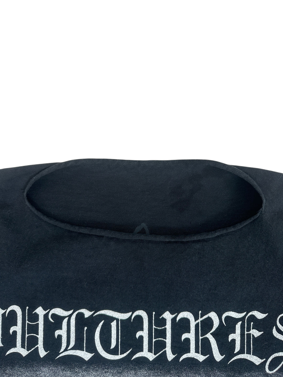 Exile Vintage black Kanye West Yeezy Vultures long sleeve shirt with white gothic lettering detail at the neckline