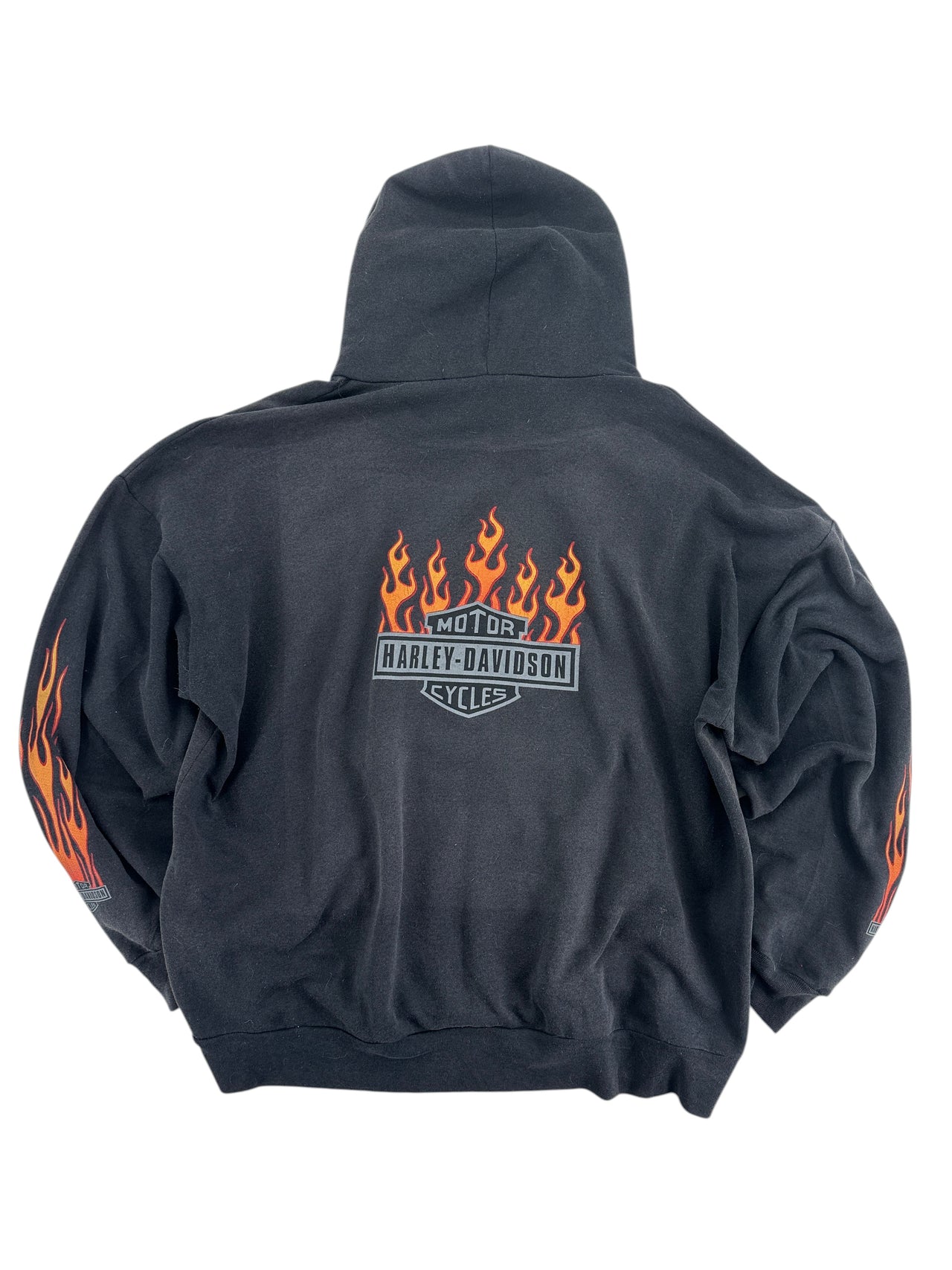 Exile Vintage 2000s grey Harley-Davidson hoodie with flame graphics on sleeves and front logo.