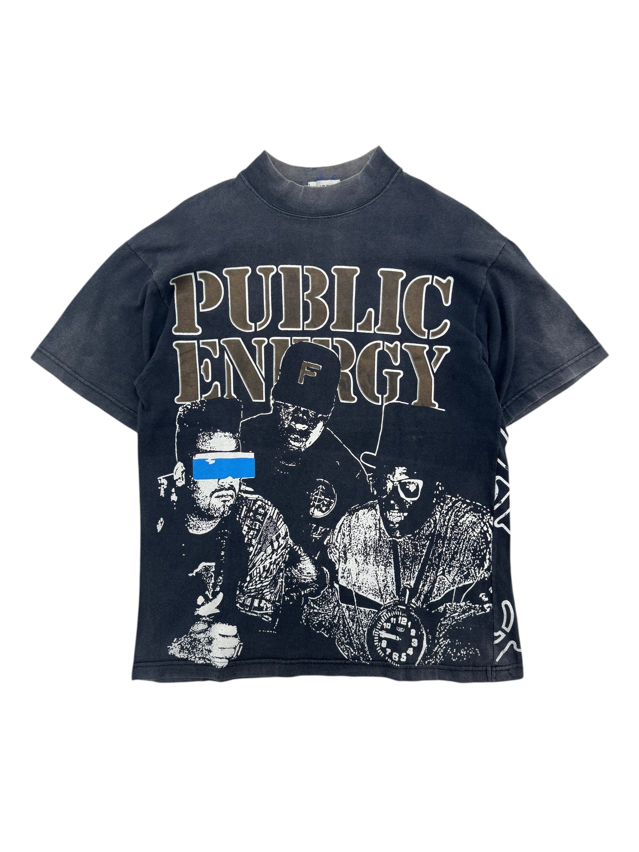 Exile Vintage 1990s Public Energy bootleg t-shirt with graphic print of three men and distressed black cotton fabric.