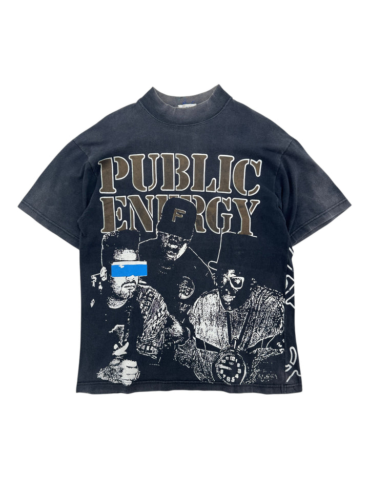 Exile Vintage 1990s Public Energy bootleg t-shirt with graphic print of three men and distressed black cotton fabric.