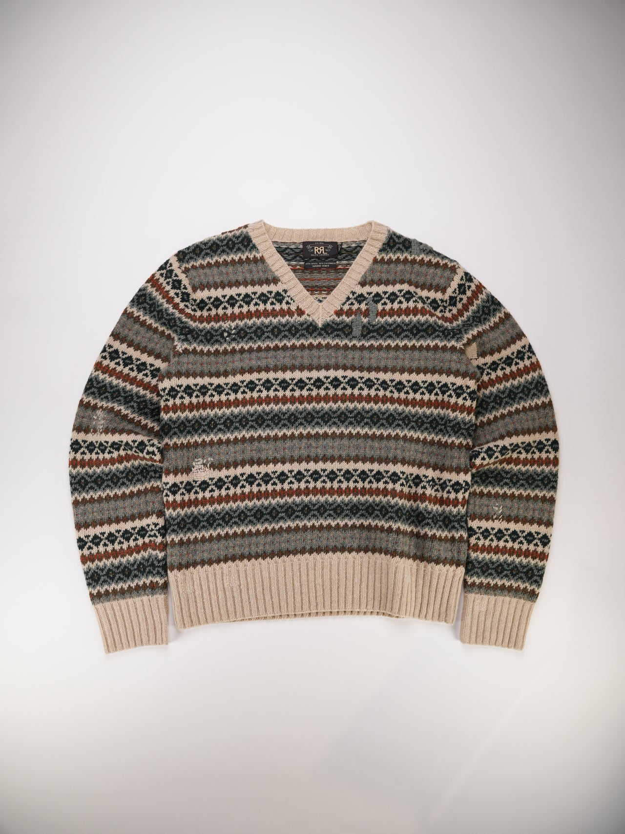 1990S - RRL Ralph Lauren Hand Knit Patterned Wool V-Neck Sweater