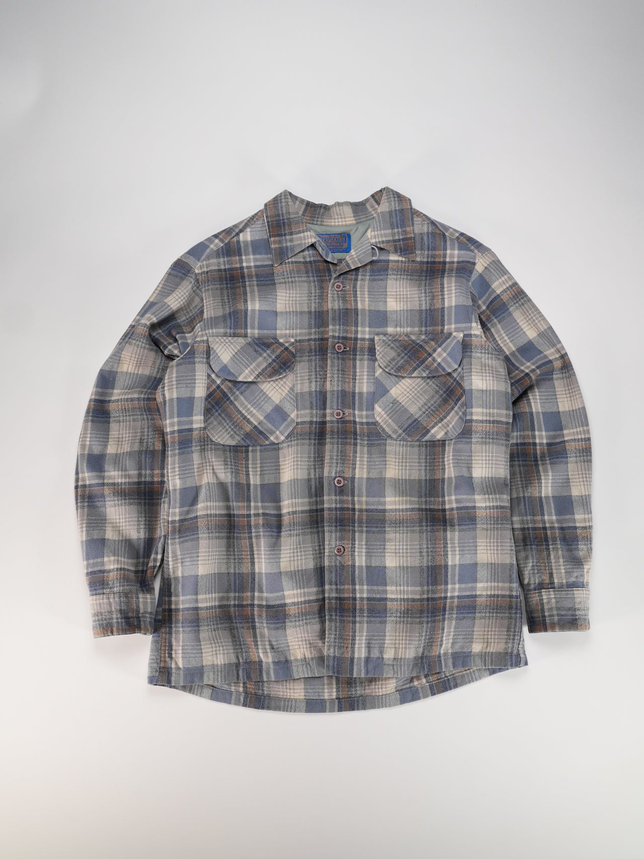 1960s - Pendleton Loop Collar Blue And Grey Plaid Wool Flannel Button-Up Shirt
