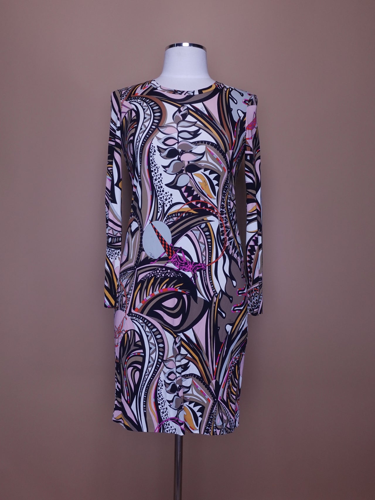 Vintage 1980s Emilio Pucci / Long Sleeve Dress / Bodycon / Colorful Print