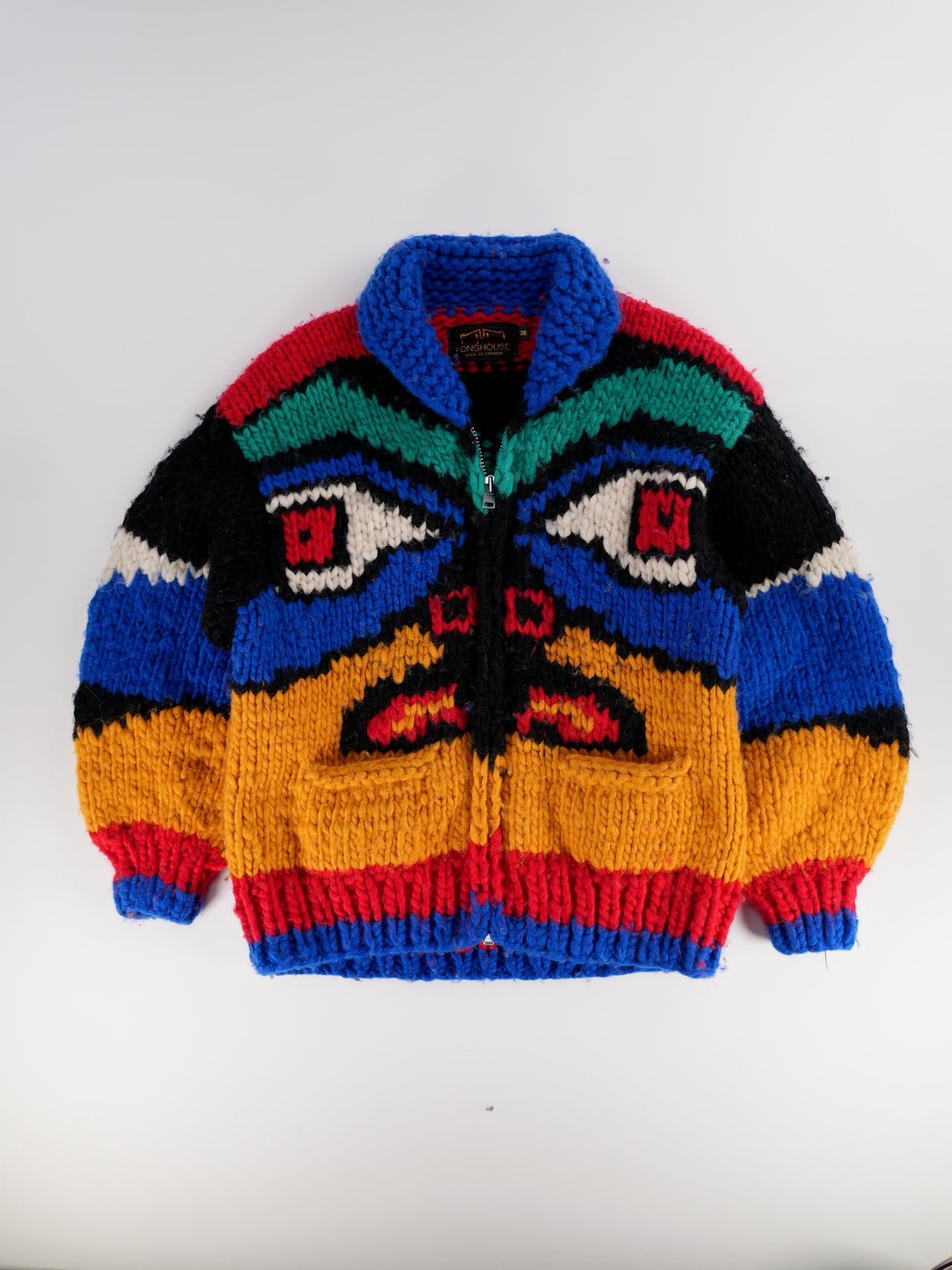1980s - Longhouse Totem Motif Cowichan Style Knit Wool Sweater